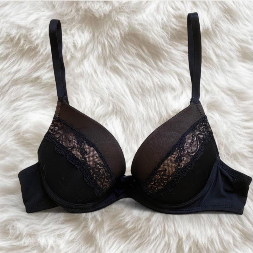 Adore Me Black Lace Push-Up Bra with Sheer Panels